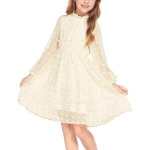Girls Beige A-line Midi Dress with Ruffle Collar & Flared Sleeves - Sizes 5-13